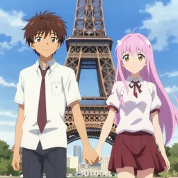 Hikigaya Hachiman holding hands with Zero Two in front of the Eiffel Tower, anime style