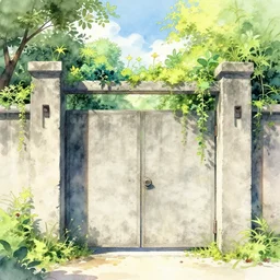 a beautiful brutalist concrete gate between dreams, with exuberant vegetation, art watercolor by yoshitaka amano, trending on artstation