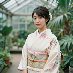 photograph of a beautiful Japanese woman wearing a pretty kimono in a tropical greenhouse, by Annie Leibowiz, extremely detailed, large format camera, Fuji Provia, bokeh, blurred background, photorealistic, trending on artstation, trending on instagram