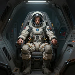 concept art by greg rutkowski, a very tall and slender young man, sitting in the cramped cockpit of a space shuttle, futuristic, brutalist interior of a space colony, depressing atmosphere, low lighting, scifi, highly detailed portrait, digital painting, artstation, concept art, smooth, sharp foccus ilustration, artstation hq