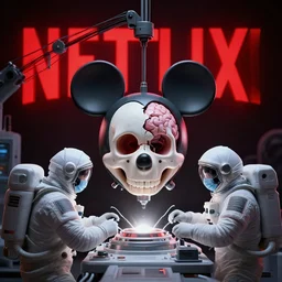 graphic art of dystopian futuristic mechanic surgeons astronauts, operate on a mickeymouse head with a cracked skull brain exposed, held by a crane. ominous glowing red netflix!!! logo in the background, trending on art station, beeple!!!!, clean concept art, smooth, octane render, minimal