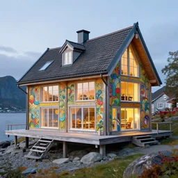 norwegian fjord beach house designed by zaha hadid, intricate, highly detailed, digital painting, trending on artstation, concept art, smooth, sharp focus, backlit, rim light, vivid colors, illustration, unreal engine 5, 8 k, art by rossdraws and alphonse mucha
