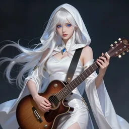 A beautiful mysterious girl with hooded cobalt-blue eyes and silky white hair, guitar shape build, her wardrobe is attractive, full body, fantasy art, in the style of Tony Sart, illustration, epic art, fantasy, intricate, elgant, amazing detail, digital painting, artstation, concept art, smooth, sharp focus