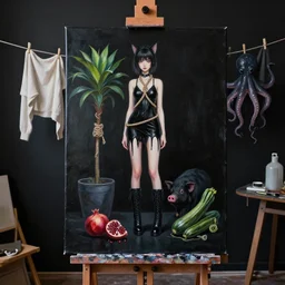 realistic painting of a black painted canvas, on an easel in a dark artist's studio with black walls, tall emo catgirl in dripping black clothes, hemp rope, bromeliad, paint, clothes hanging on a clothesline to dry, high black boots, pomegranate, a black pig, courgette, black octopus, sensual, acrylic and oilstick on canvas
