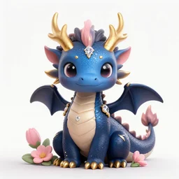 cute little dragon, flowers, blue black pink, gold, diamonds, highly detailed, artgerm, cushart krenz, artstation, soft light, sharp focus, illustration, character design, concept art