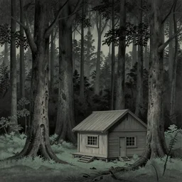 giant forest with single wooden cabin, made by Kawase Hasui in unkiyo-e style in disturbing and gloomy atmosphere with vibes of Joe Fenton, H. R. Giger, M. C. Escher, Z. Beksinski
