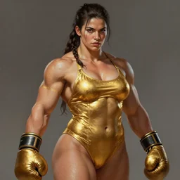 painted realist portrait of thick rugged roided sensual female bodybuilder lara croft wearing boxing gloves and swimsuit gold paint by ruan jia greg rutkowski, [ long hair ] clear face majestic muscular physique beautiful powerful handsome robe fantasy intricate elegant detailed digital painting concept art artstation sharp focus illustration