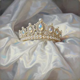 a beautiful painting of a singular pearl tiara, shining its iridescent pearlescence across a tumultuous luxury of iridescent satin luminescent folds by greg rutkowski and thomas kinkade, trending on artstation.