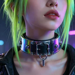 detailed realistic cyberpunk female character cyberpunk wearing steel collar around neck, realistic, art, beautiful, 4K, collar, choker, collar around neck, punk, artstation, detailed, female, woman, choker, cyberpunk, neon, punk, collar, choker, collar around neck, thick collar, choker around neck, wearing choker, wearing collar, bright neon punk hair,