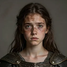 teenage medieval girl, half of face stained brown, unhappy, portrait, fantasy art, highly detailed, realistic, dark hair