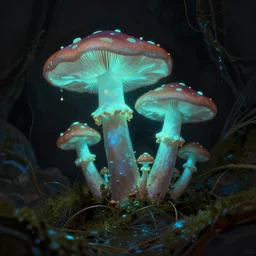 fluorescent mushrooms dimly lighting a moist cave, highly detailed, digital painting, artstation, concept art, sharp focus, illustration, by Evgeny Lushpin