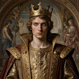 beautiful cyborg king, intricate royal garment, piercing glowing eyes, intricate, highly detailed, incredible lighting, mural in the style of sandro botticelli, caravaggio, albrecth durer