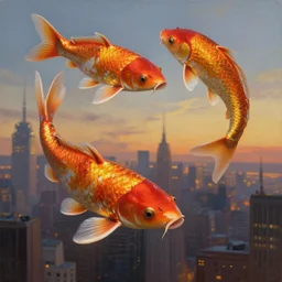 beautiful oil matte painting, giant flying koi fishes over manhattan at dusk, wonderful masterpiece highly detailed, beautiful cinematic light deep focus, elegant, digital painting, smooth, sharp focus, golden ratio, dramatic illumination, ultra realistic, 8 k, art by artemisia lomi gentileschi and caravaggio