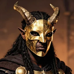 still from 3 0 0 of a head and shoulders portrait of a black dragonborn cleric, horns, golden half mask, d & d, high fantasy, by donato giancola, comic book cover