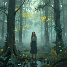 A strange women in a foggy swamp with lots of tall trees, teal and yellow color palette digtal art