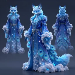 character sheet of a starry blue fox druid wearing magic imbued peacock mage robes made from nebulous starry clouds with fairy lights inside the clouds to resemble stars, cloud mage robes, dungeons and dragons, fantasy art, in the style of the legend of vox machina on amazon prime