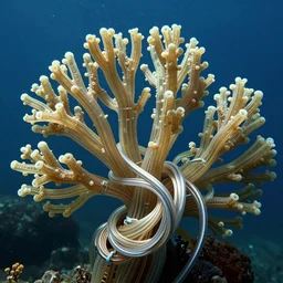 thousands of tubes and cables of translucent gold and silver form the shape of a branching coral that is unraveling and twisting like fabric blowing in a swift current, underwater, lit from above, hyperrealistic