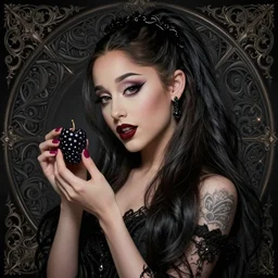 beautiful gothic Ariana Grande holding a Black Berry, Black Hair, intricate, elegant, highly detailed, digital painting, artstation, concept art, smooth, sharp, focus, illustration, art by artgerm and greg rutkowski and alphonse mucha