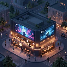 art by filip hodas, pixar, and artgerm. level design night bar, clean, advertising, entertainments, outside, exterior, fly view, isometric