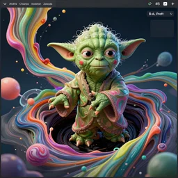 Yoda, delicately positioned and entwined in vibrant fluid hues, is being drawn and spaghettified into a blackhole, Fantasy, hyperrealism, 4k, volumetric lighting, three dimensions, spaghettification, a digitally transformed world, user interface design, 3D modeling, artstation, illustration, and transportation design. art by Andrew Chiampo, Frederik Heyman and Jonathan Zawada,