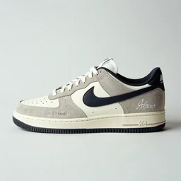 a studio photoshoot of A Nike sneaker designed by Errolson Hugh, leather and suede, Acronym, realistic, color film photography by Tlyer Mitchell, 35 mm, graflex