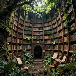a ( ( decaying magical library ) ) with a rainforest growing inside, highly detailed, intricate detail, realistic shaded lighting, dramatic scenery, beautiful, trending on artstation, by greg rutkowski and simon stalenhag