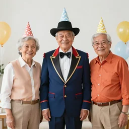 portrait of grandparents in his birthday party, wearing dictador costumes and party hat in 1 9 9 0, colorful kodachrome photography camera with flash on, a cake explodes by the powers of many diabolical creepy cursed dolls laughing, pieces of cake and balloons exploding, photo taken by martin parr
