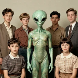 photograph of first alien on earth, posing in disguise among humans, in group photograph, vintage style, hyper realistic
