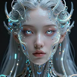 very beautiful woman, bionic pupils, full face frontal centered, portrait, abundent detailed intricate symmetrical ornate neon cables connected to head, clear lips, luxurious long hair, sophisticated abundent wiring and implants, translucent, porcelain, fractal, sci - fi, dramatic lighting, photography, highly detailed, artstation, deviantart, 8 k, by chie yoshii