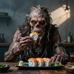 neanderthal eating sushi