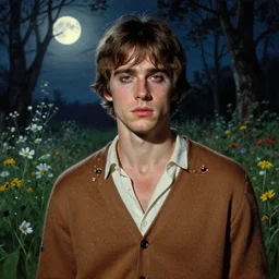 a handsome but creepy young man i who looks like steve mcqueen ln layers of fear, with haunted eyes, violence in his eyes, wearing a cardigan, 1 9 7 0 s, seventies, delicate embellishments, a little blood, woodland, moonlight shining on wildflowers, painterly, offset printing technique, by alexandre cabanel
