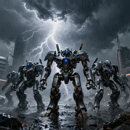 thunder , mechanical monsters and robots army,ocene,dark color,rain,hyperdetailed, octane render, atmospheric lighting