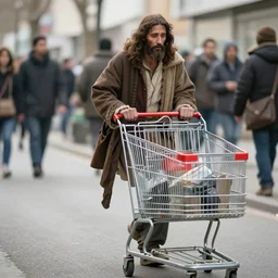a photograph of homeless jesus pushing a shopping cart
