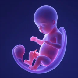 3 d render, fetus in womb, glowing light, purple and blue color scheme