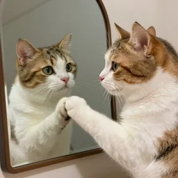 pov of a cat looking at himself in the mirror and touching it with his paw, very detailed digital art
