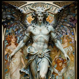 majestic malevolent fallen angel porcelain skin man movie poster, art style by edmund leighton, tom bagshaw, alphonse mucha, exquisite digital art, haunting, masterpiece, organic painting, photorealistic, ornate and hyper detailed