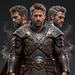 a beautiful detailed art of ryan reynolds warrior, by tomasz alen kopera and justin gerard, symmetrical features, ominous, magical realism, texture, intricate, ornate, royally decorated, whirling smoke, embers, fantasy, trending on artstation, volumetric lighting, micro details, 3 d sculpture, ray tracing, 8 k, anaglyph effect