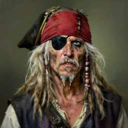 portrait of a white hair very old and rugged, dirty skinny pirate with long white dreadlock hair, crooked teeth, wearing a red headband and black hat, one eyepatch very detailed painting featured in artstation, concept art by Greg Rutkowski, WLOP, Dan Mumford, Christophe Vacher