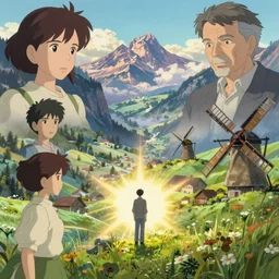memorable animation key shot, lone man, valley, lauterbrunnen, dutch windmills, yamato, by mandy jurgens, by satoshi kon, ilya repin, lena aenami, shinji kimura, daylight pastel color palette