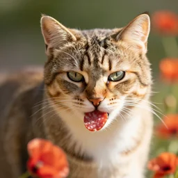 a cat with a little salami : : photorealistic : : 1 sunlight : : 1 telephoto lens : : 1 coquelicot color : : 1 dof