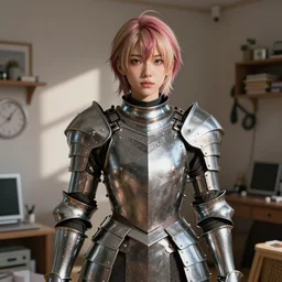 real photo of a hyperrealistic anime girl that is wearing steel plate armor, with ultradetailed pbr textured skin material shader, surrounded by cluttered home interiors, shadow mapping, made by wlop, trending on artstation, lgbt hair, 3 d, lifelike human, k - pop person, unreal engine 5, blender, extremely believable, sharp focus, 4 k