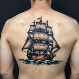 tattoo of sailing ship on a man's back, 8k photography