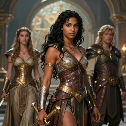 cinematic stills from the xena warrior princess and encanto crossover, deep focus, d & d, fantasy, intricate, elegant, highly detailed, digital painting, artstation, concept art, matte, sharp focus, illustration, hearthstone, art by artgerm and greg rutkowski and alphonse mucha