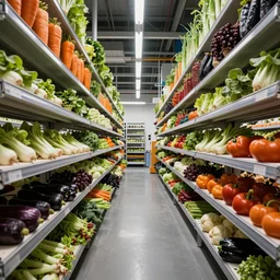 infinite rows of vegetables growing on shelves inside an organic generative design structure futuristic factory, orange and black colour palette