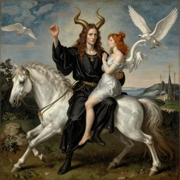 Aleister Crowley with horns and hooves by Raphael, Hopper, and Rene Magritte. detailed, romantic, enchanting, trending on artstation
