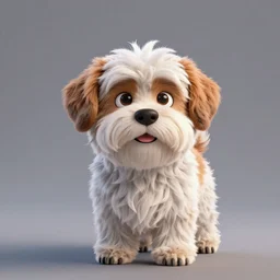 a shaggy haired shitzu. cartoon cgi render. adorable. brown hair on their head. white hair on their body