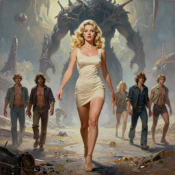 a mixed media painting of one very beautiful blonde woman fleeing from a distant colossus creature on an alien world, elegant, aesthetic!!! symmetrical face and eyes, piercing gaze, sixties pinup, photorealistic, curvy, model, epic sci - fi character art, full length, by frank frazetta, donato giancola, boris vallejo, beeple, greg rutkowski, christian macnevin, high fantasy, prometheus, cgsociety, exquisite detail, post - processing, masterpiece, cinematic