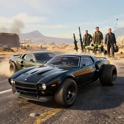 3 5 mm low angle photo mad max combat military machine gun concept car black 1 9 7 3 ford falcon gt hot rod on a deserted post apocalyptic road, gta 5, rocket league, hyper detailed, rocket league, smooth, high contrast, volumetric lighting, octane, jim lee, giorgetto giugiaro, craig mullins, chris bangle, george miller, ian callum, vibrant rich deep color, comic book