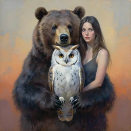 painting of hybrid between bear & owl!!!, intercrossed animal, by zdzislaw beksinski, by tiffany bozic, cold hue's, warm tone gradient background, concept art, beautiful composition, digital painting