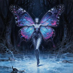 a tall slender butterfly priestess made of shattered hopes and mystical dreams, grimdark fantasy painting of a cosmic butterfly on a shadowed forest background. a fursona of a butterfly goddess dancing on a frozen lake in the darkness void realm. a painting in neon inks by terese nielsen and ron spencer and charles monet and kinkade beeple dribbble manet